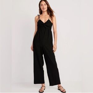 OLD NAVY LINEN BLEND Black Tie-Shoulder Cropped Twist-Front Smocked Jumpsuit L